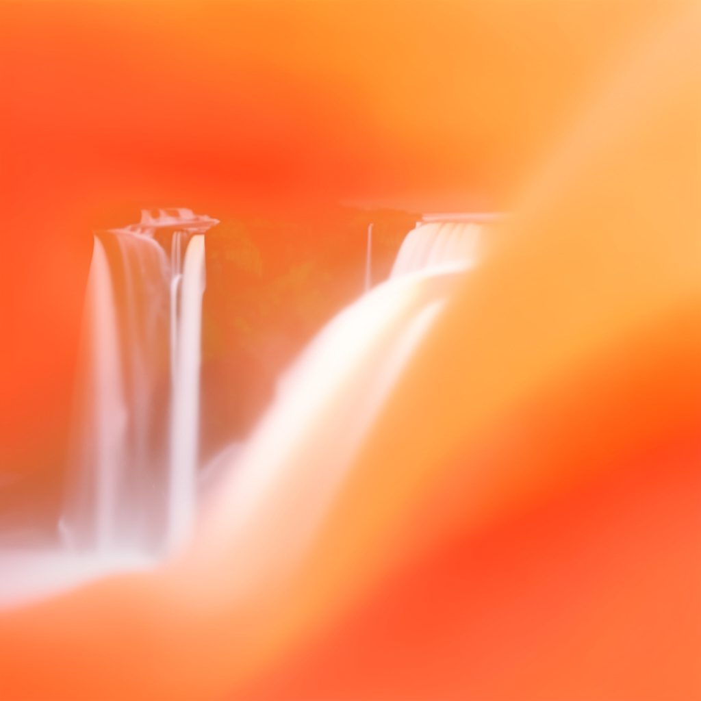 A soft, layered abstract gradient of mossy greens, misty silver, and warm sand tones, evoking a calm waterfall in low light, with no figures or text.